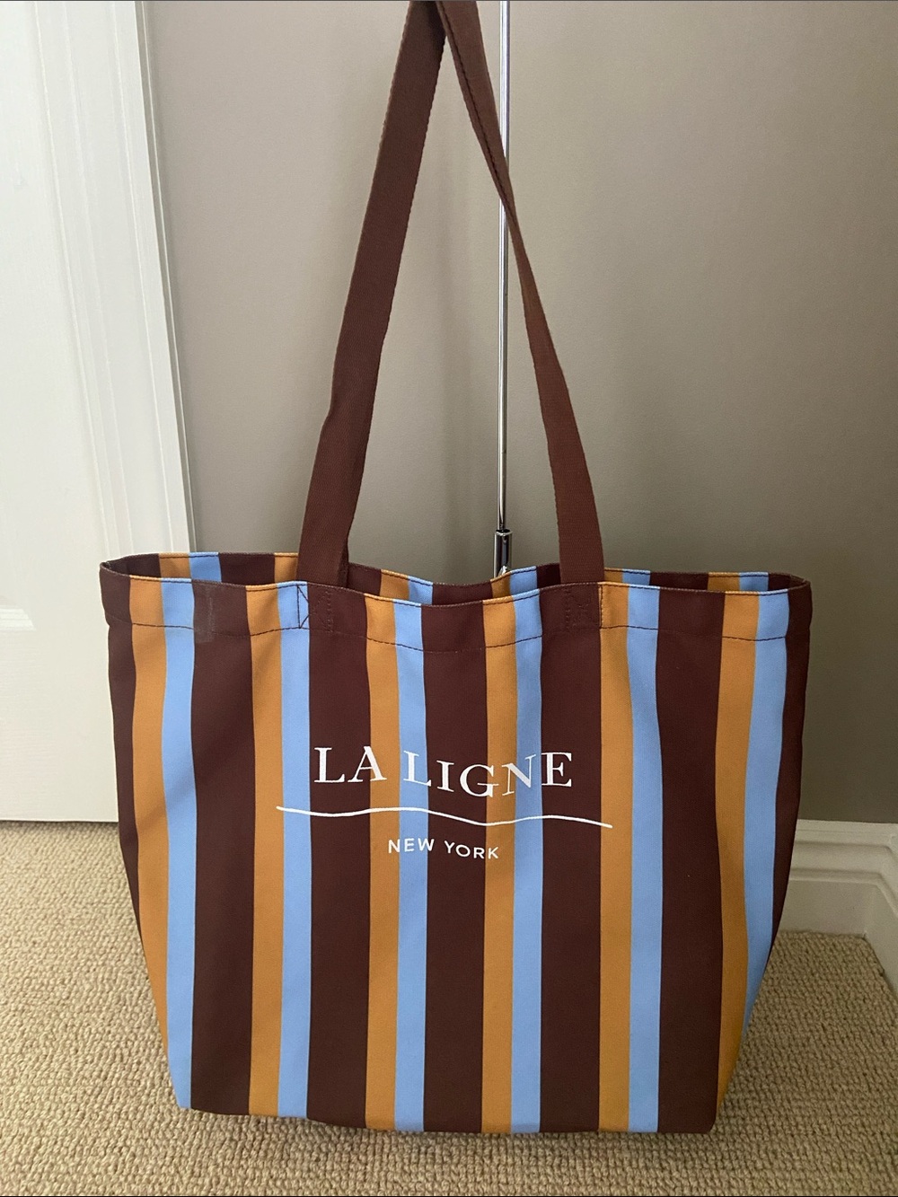 La Ligne Brown, Light Blue & Mustard Striped Canvas Tote
